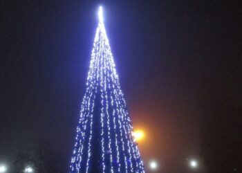 Самарские специалисты установили на центральной площади города Снежное новогоднюю ель