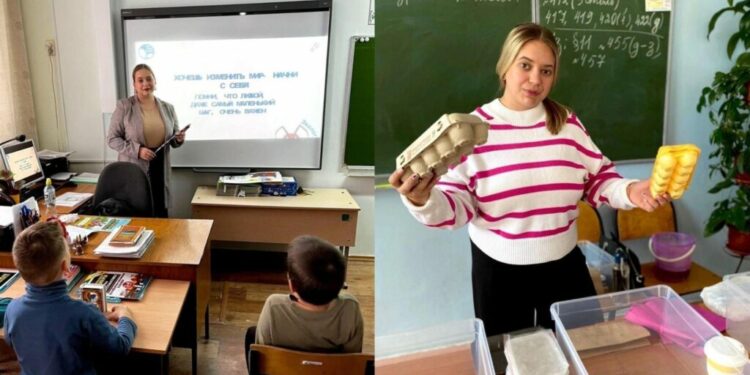 На экоуроках Полина Попова рассказывает юным тольяттинцам, почему нужно сортировать отходы и какая упаковка самая экологичная. Фото: ecostr.ru