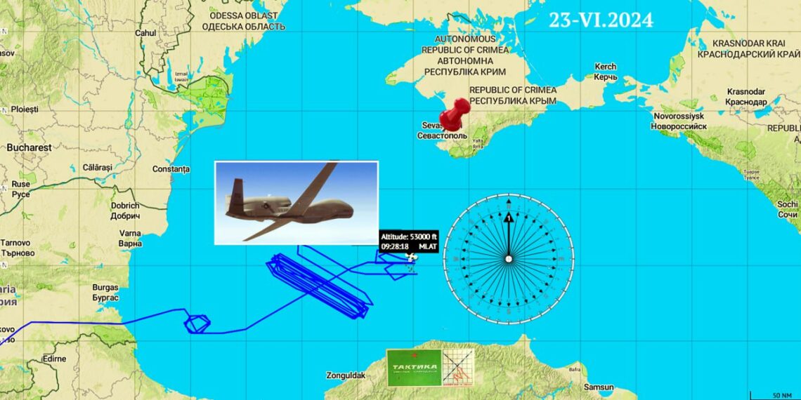 Американский FORTE10 RQ-4B Global Hawk во время атаки на Севастополь, инфографика от  Картографической студии "Цветные карандаши "Тактика", фото: t.me/zimovskyAL