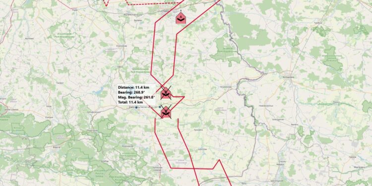 Вероятная карта пролета БпЛА над Польшей 10 сентября, фото: t.me/Warhronika